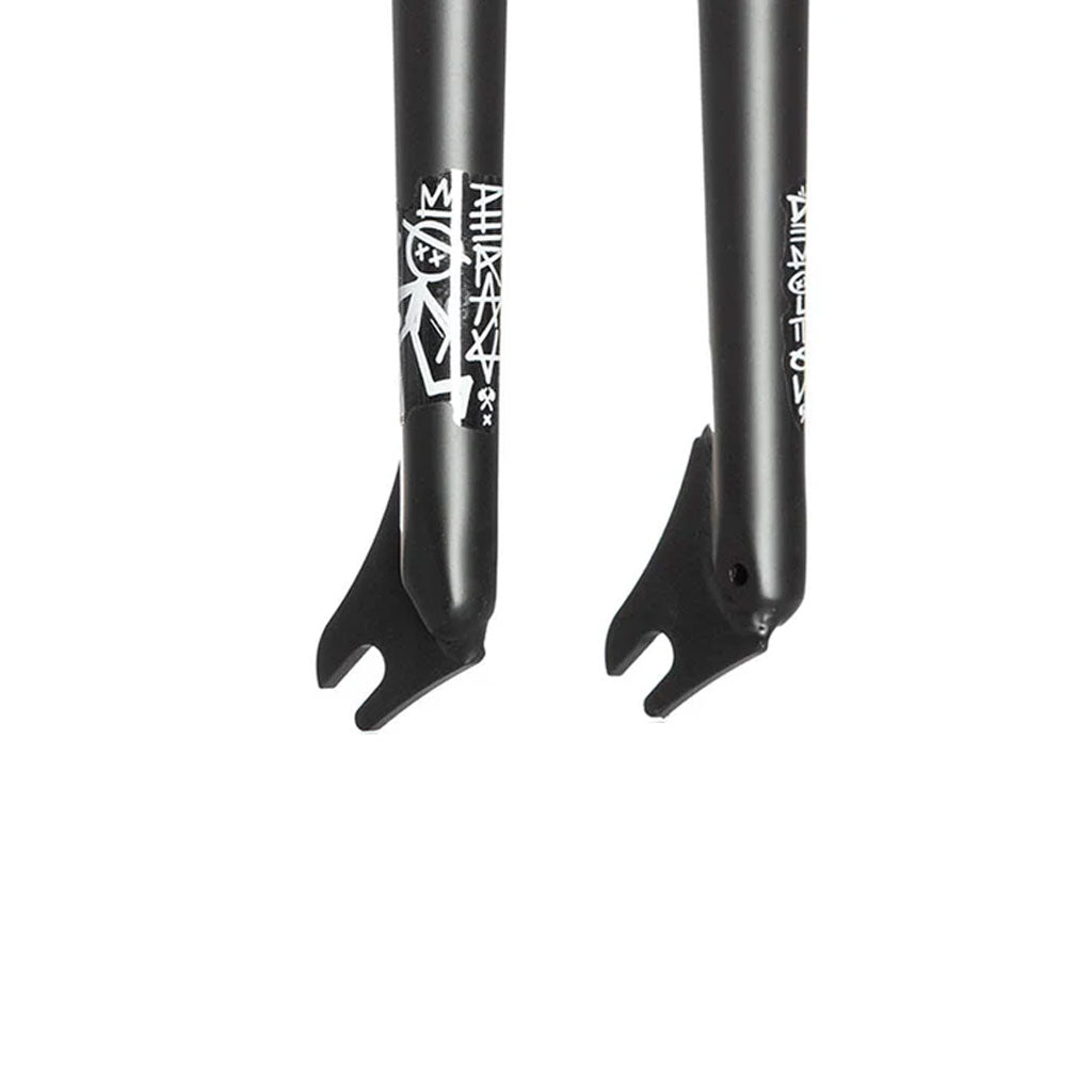 Two Demolition (Kevin Peraza) Kp Fork dropouts are displayed against a white background, featuring a black finish with white detailing.