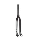 The Demolition Peraza Forks are black bicycle forks featuring tapered legs and a straight steerer tube. Crafted from heat-treated CRMO with dropouts, they also showcase a small white graphic of a knight near the bottom, reminiscent of Kevin Peraza's signature style.