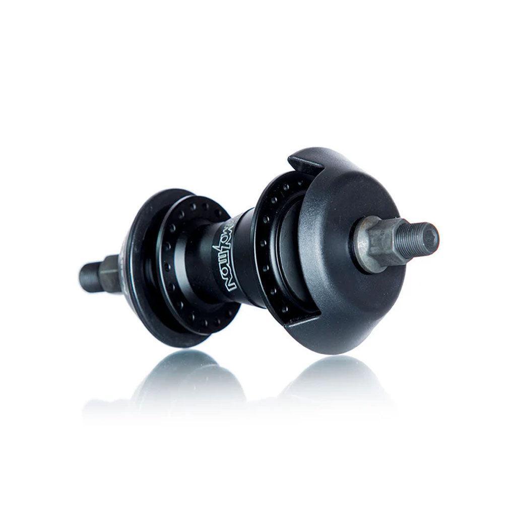 The Demolition Whistler Pro Cassette Hub is a sleek black BMX hub made from lightweight aluminum, featuring bolts and spoke holes. It offers 120 engagement points and is shown on a plain white background.