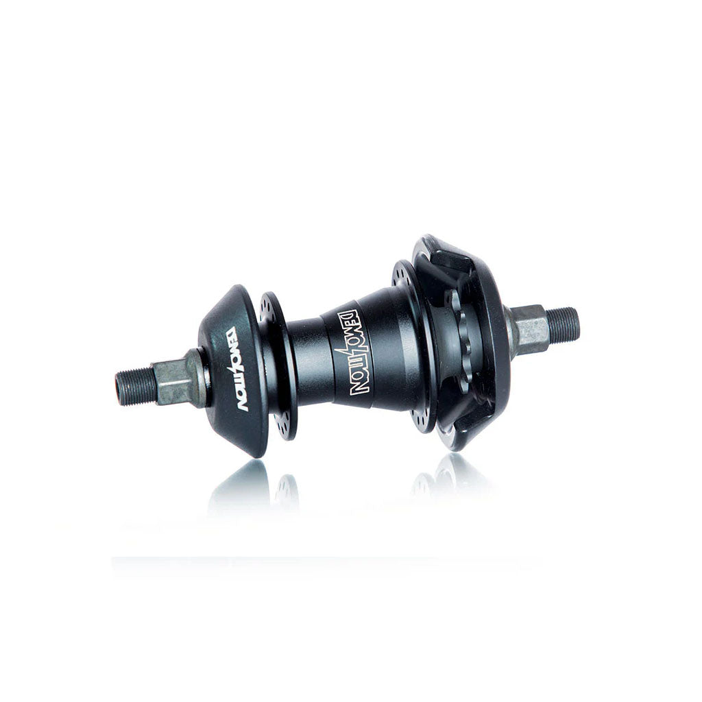 The Novatec-branded Black BMX Demolition Whistler Pro Cassette Hub features two threaded axles and flanges for spoke attachment, is made from lightweight aluminum, and offers 120 engagement points.