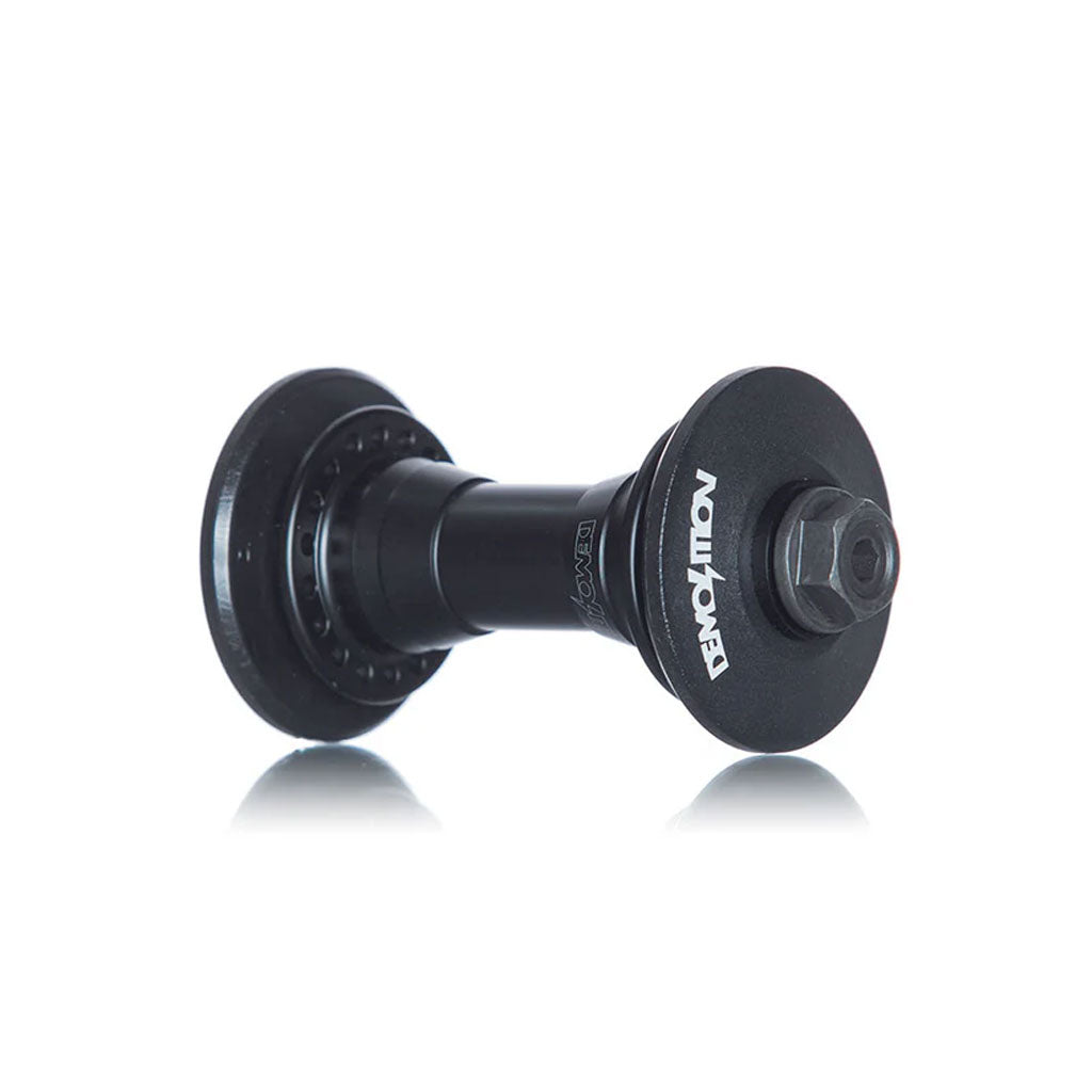 The Demolition Whistler Pro Front Hub in black features a sleek cylindrical design with the BMXFLOW branding, housing sealed Japanese bearings within an aluminum hub shell, and includes a threaded axle on one side.