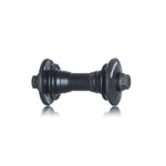 The Demolition Whistler Pro Front Hub boasts a sleek black aluminum shell with circular flanges and threaded bolts. It's enhanced with sealed Japanese bearings, ensuring durability and smooth performance for every ride.