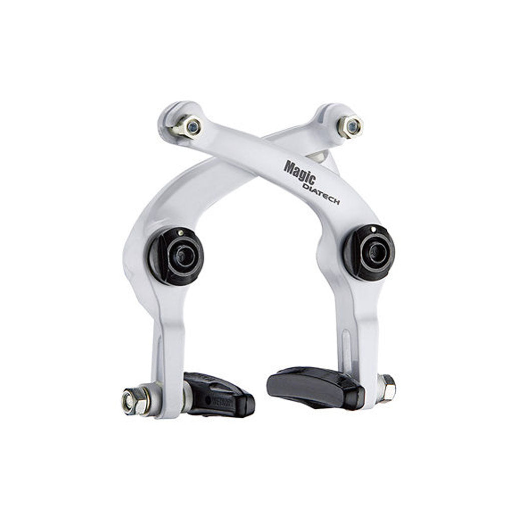 A pair of Dia-Compe Magic Brakes with black V-type brake shoes, dual cable pull mechanism, and aluminum arms, complete with mounting hardware.