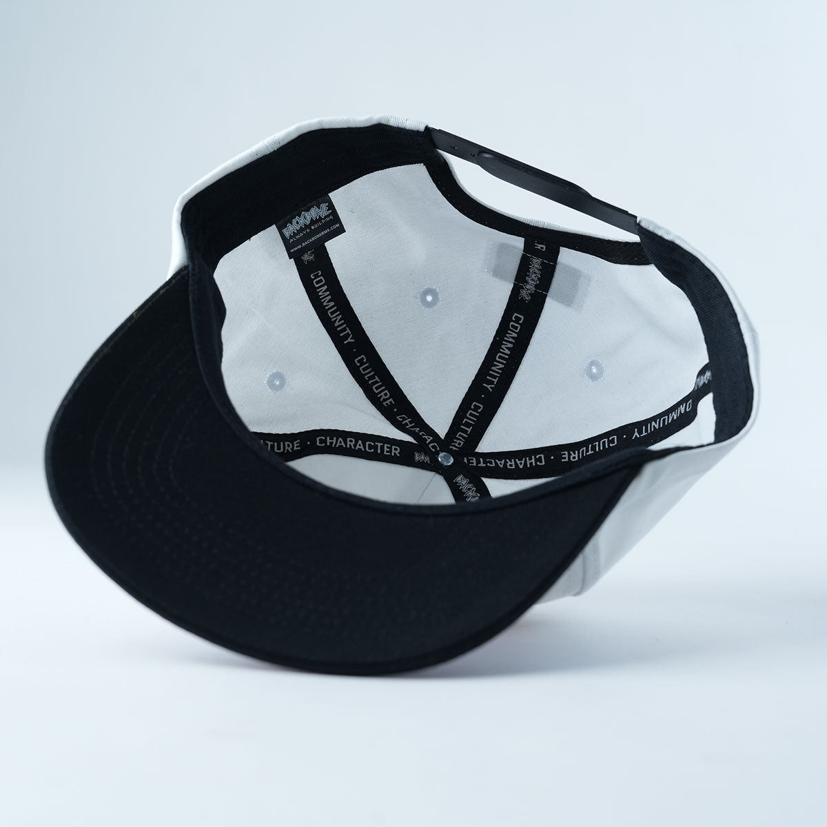 Inside view of the Backbone Distance Snapback Hat in black and white, featuring unstructured 5-panel construction with visible inner seams and the printed words “COMMUNITY CULTURE CHARACTER” on the sweatband.