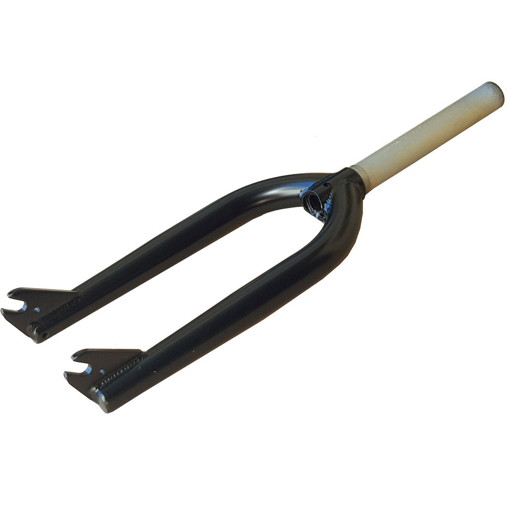 A black DRS Threadless Fork with tapered legs, featuring a long, uncut 1-inch steerer tube and open dropouts.