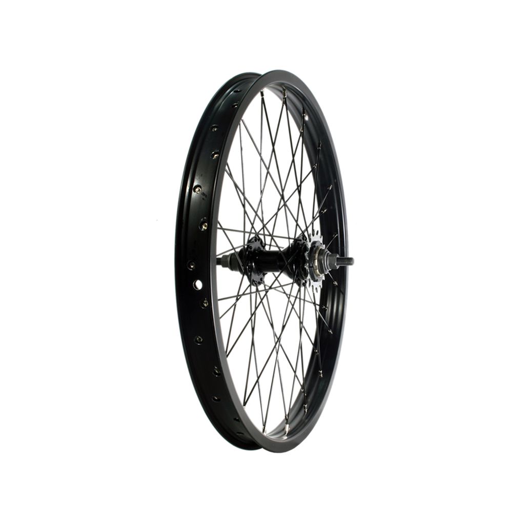 A black spoked DRS Pro Rear Wheel (10mm Axle) with a sealed rear hub on a black background.