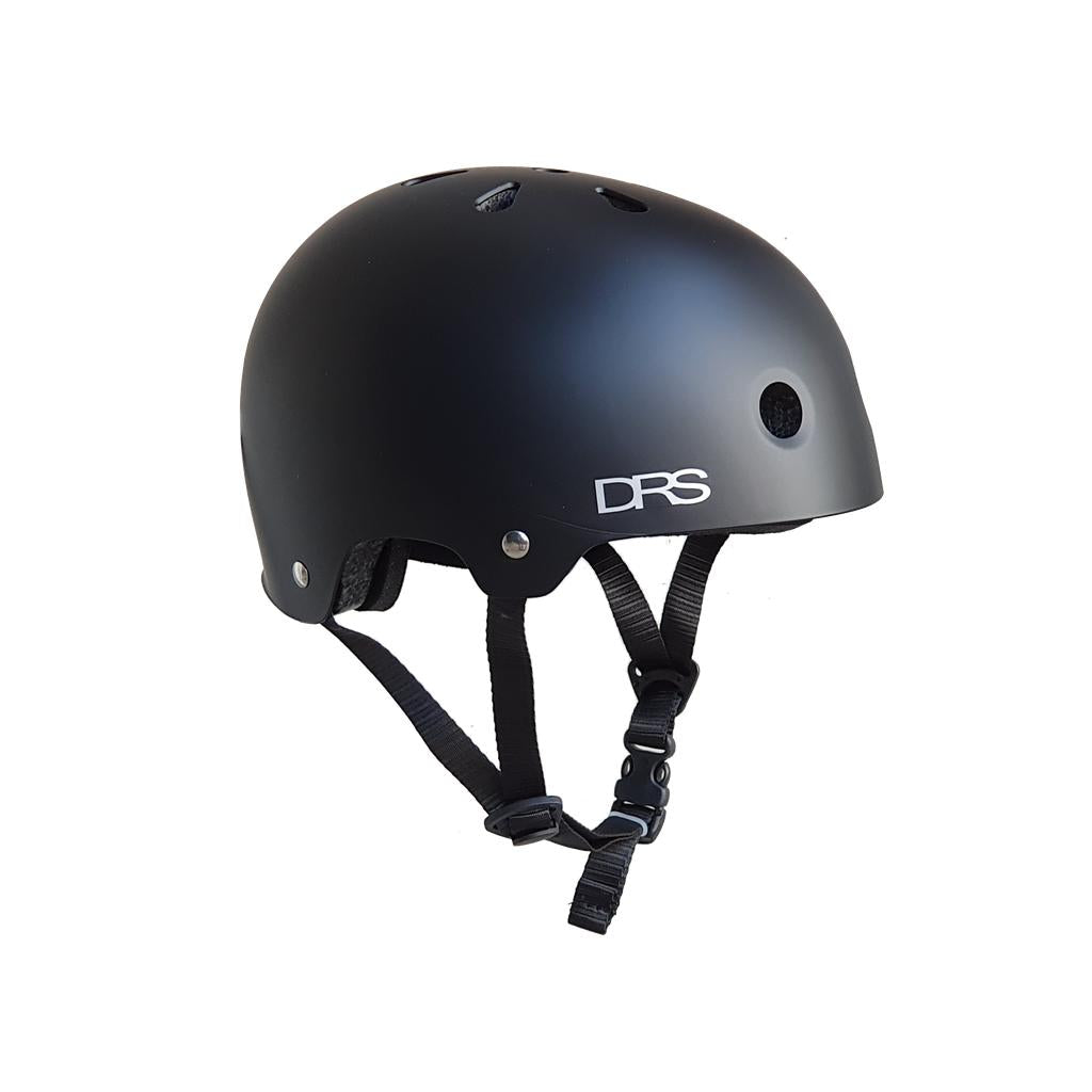 The DRS Helmet Flat Black is an Australian Standards approved BMX helmet with ventilation holes, adjustable straps, and the "DRS" logo on the side.
