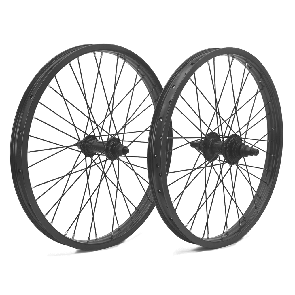 The DRS Expert Wheelset, featuring two black BMX wheels with double wall rims, is displayed upright side by side on a white background.