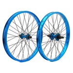 The DRS Expert Wheelset, featuring blue 20-inch BMX wheels with black spokes and double wall rims, is shown upright and side by side against a white background.