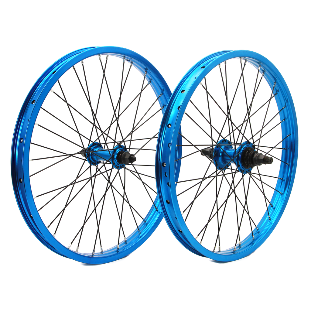 The DRS Expert Wheelset, featuring blue 20-inch BMX wheels with black spokes and double wall rims, is shown upright and side by side against a white background.