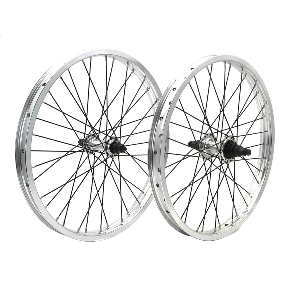 The DRS Expert Wheelset, featuring two 20-inch BMX wheels with black spokes and double wall rims, stands upright side by side against a white background.