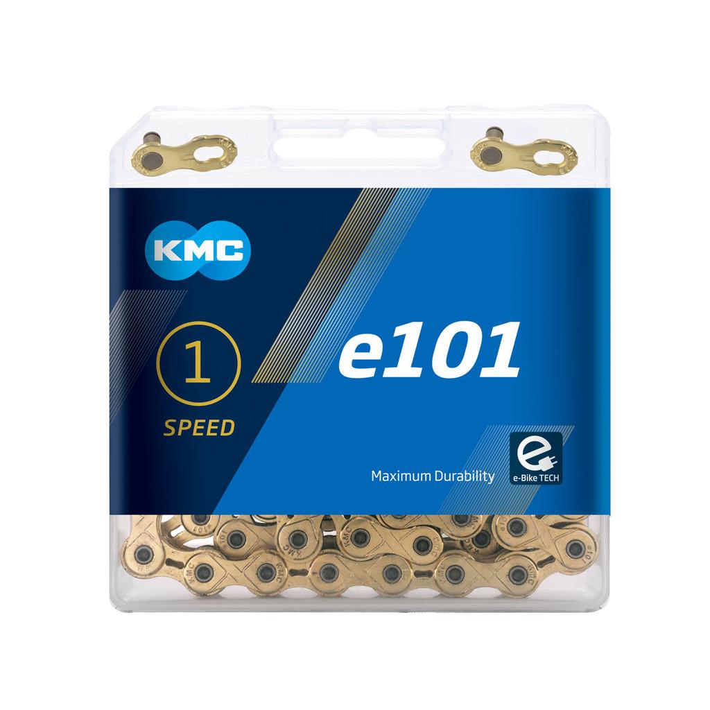 The KMC E101 Chain (1/8 Inch) is a durable gold single speed chain for e-bikes, packaged in a clear plastic case with blue and white labeling.