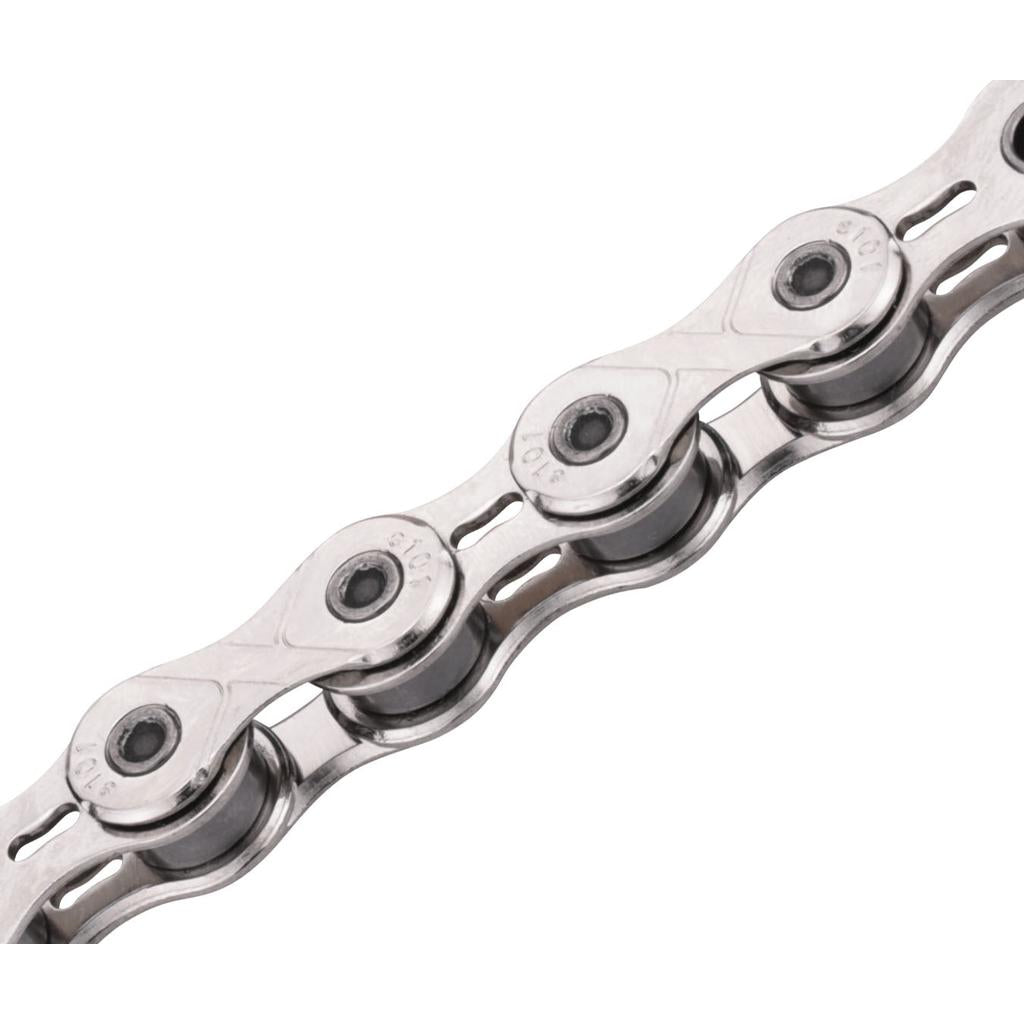Close-up of the KMC E101 Chain (1/8 Inch) in silver, highlighting its single speed links and rollers against a white background.