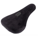 The Eclat Bios Fat Pivotal Seat features a corduroy pattern and elongated shape ideal for BMX riders. Its dark color highlights the logo on top, and with Pivotal technology, it offers easy adjustments for optimal performance.