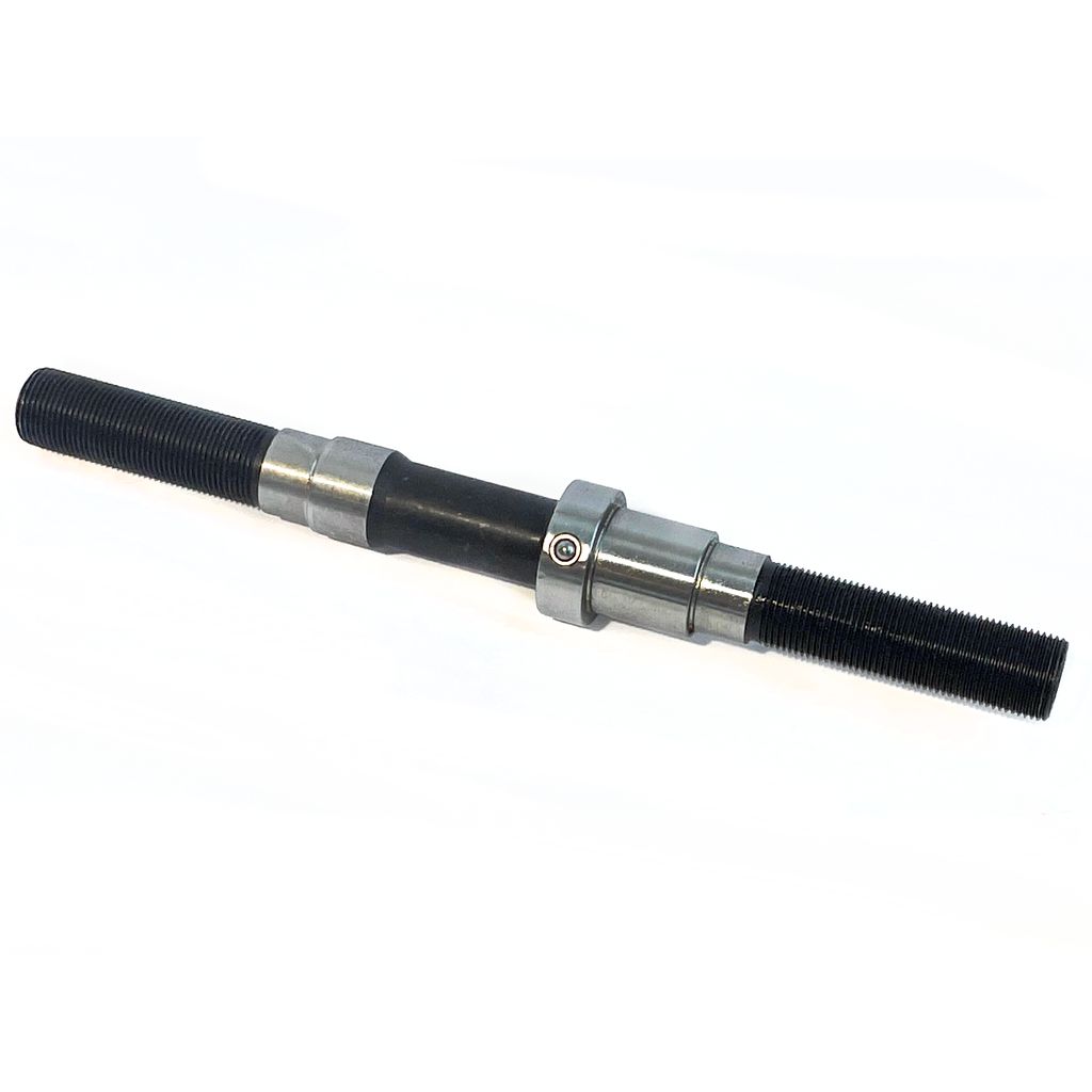 Close-up of the Eclat Cortex Freecoaster Hub Axle, a metal telescopic shaft with threaded ends and connecting joints, featuring a 14mm hollow bore, isolated on a white background.