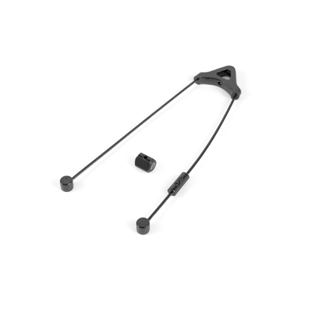 The Eclat Device U-Brake includes a black cable tensioner made of melt-forged alloy, featuring a hexagonal lock, triangular connector, and two adjustable cords with end caps.