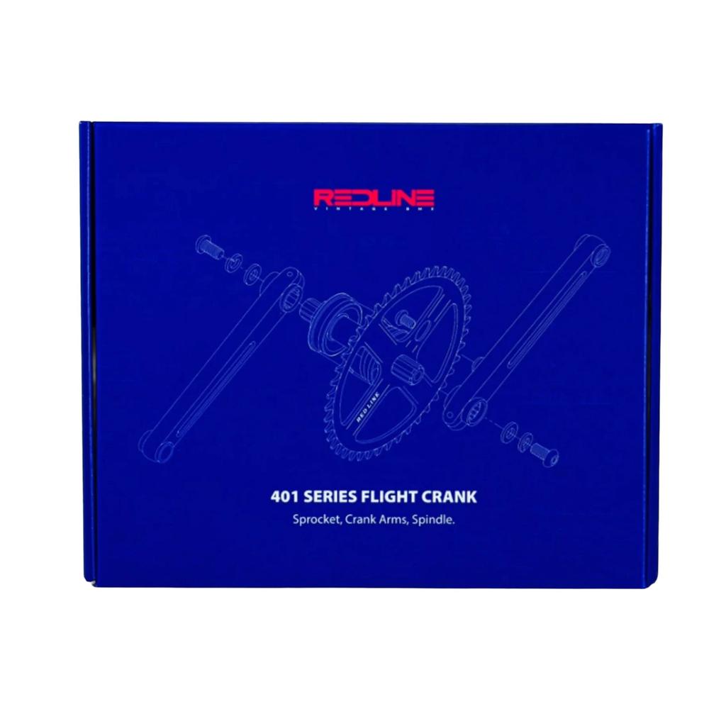 Blue box with a technical drawing of the Redline Vintage Flight 401 Crank Set, made from durable 4130 chromoly steel, showing crank arms, sprocket, spindle details, and the "Redline Flight Crank" logo at the top.