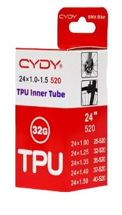 The CYDY TPU 24x1-1/8 to 1-3/8 (520) inch inner tube has red and white packaging, fits BMX bikes with tire sizes 24 x 1-1/8 to 1-3/8, includes product specs, weight info, and features a Presta valve for easy inflation.
