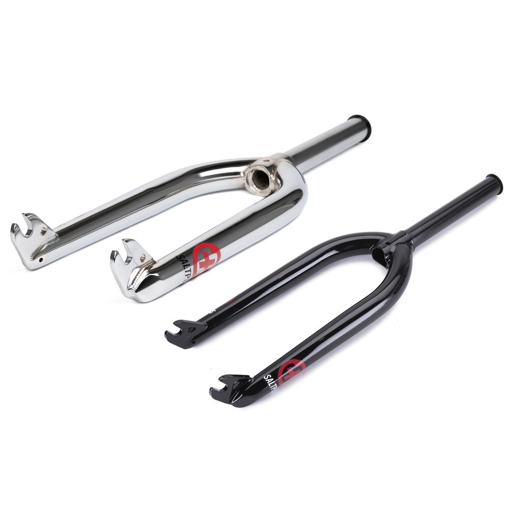 A pair of Salt Plus EX Fork bike forks with crmo blades on a white background.