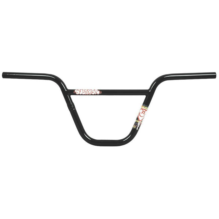 Subrosa Simo Bars handlebars, made from tough 4130 chromoly, feature a crossbar and left/right decals, displayed on a white background.