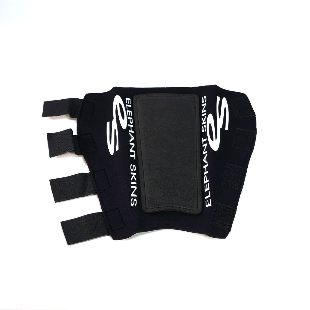 A pair of black Elephant Skins Shin Pads with four adjustable straps and a central rectangular cushion provides lightweight protection, displayed on a white background.