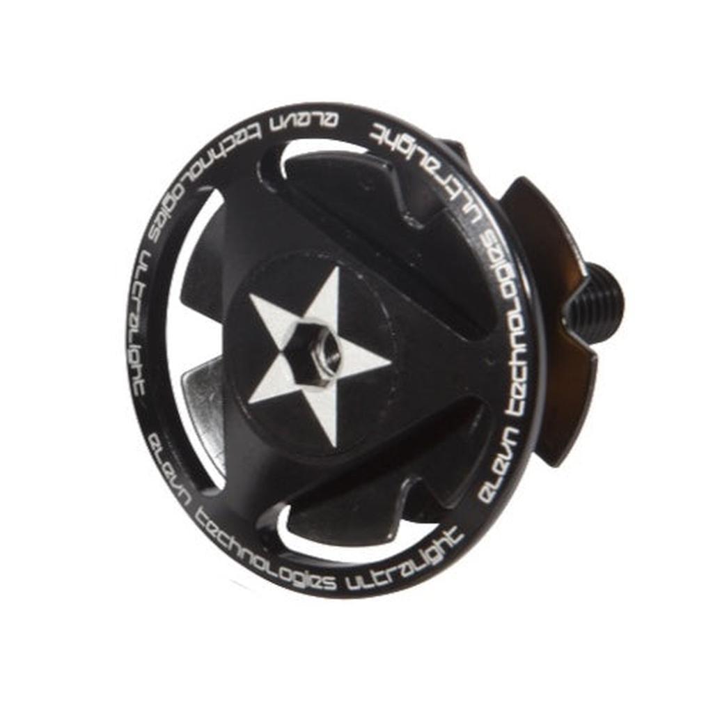 The custom Elevn 1-1/8 Star Nut Kit includes a black stem cap with a central star design and "Ultralight Elvin Technologies" in white around the edge, compatible with an M6 preload bolt for a sleek ride upgrade.