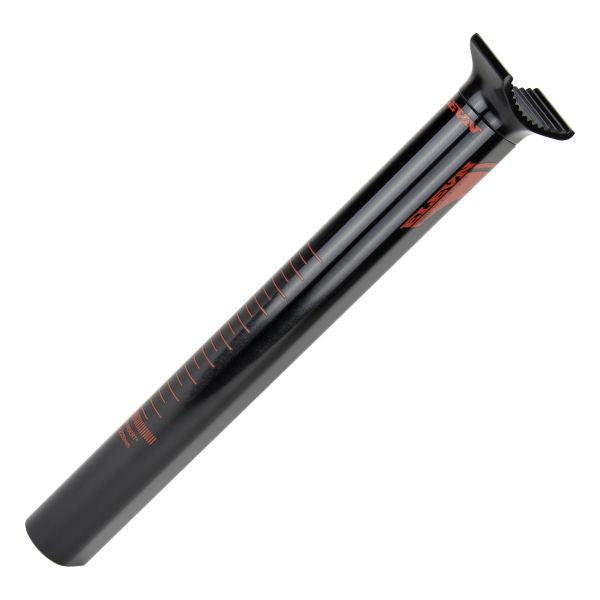 Black manual bicycle pump with pressure gauge and ELEVN Aero Seat Post Pivotal 27.2mm on a white background.