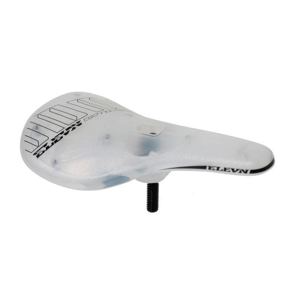 The Elevn Pivotal Pro Seat is an ultralight clear polycarbonate bicycle seat with black text and a single mounting bolt underneath.