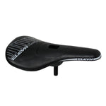 The Elevn Pivotal Pro Seat is a black expert BMX seat with a padded surface, white "Elevn" logo, ultralight polycarbonate base, and a single threaded bolt for easy attachment.