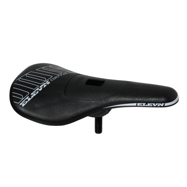 The Elevn Pivotal Pro Seat is a black expert BMX seat with a padded surface, white "Elevn" logo, ultralight polycarbonate base, and a single threaded bolt for easy attachment.