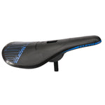 The Elevn Pivotal Pro Seat features blue accents, "Eleven" side branding, a visible mounting bolt, and an ultralight polycarbonate base for reduced weight. Shown from the side.
