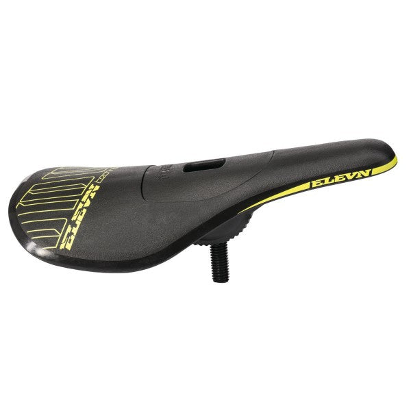 Side view of the Elevn Pivotal Pro Seat in black and yellow with graphics, highlighting its ultralight polycarbonate base and visible mounting bolt underneath.