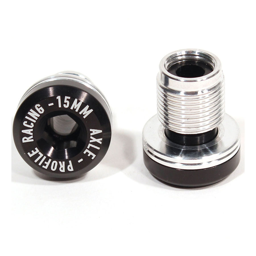 A pair of black and silver Profile Elite rear Hub Bolt Set (15mm) on a white background.