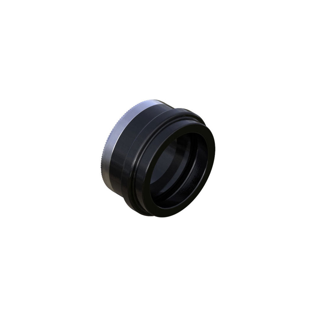 Camera lens adapter with Onyx Pro/Ultra HG Endcap, Knurled - Left, ISO 12mm Thru hubs isolated on a white background.