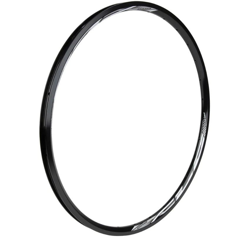 A black Excess XLC Aluminium 451mm rim, adorned with white graphics and viewed from the side, showcases its sleek aero rim profiles.