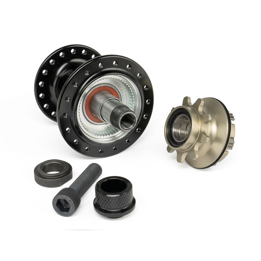 An image of the Eclat Exile CS Rear Cassette Hub and a lightweight wheel bearing.