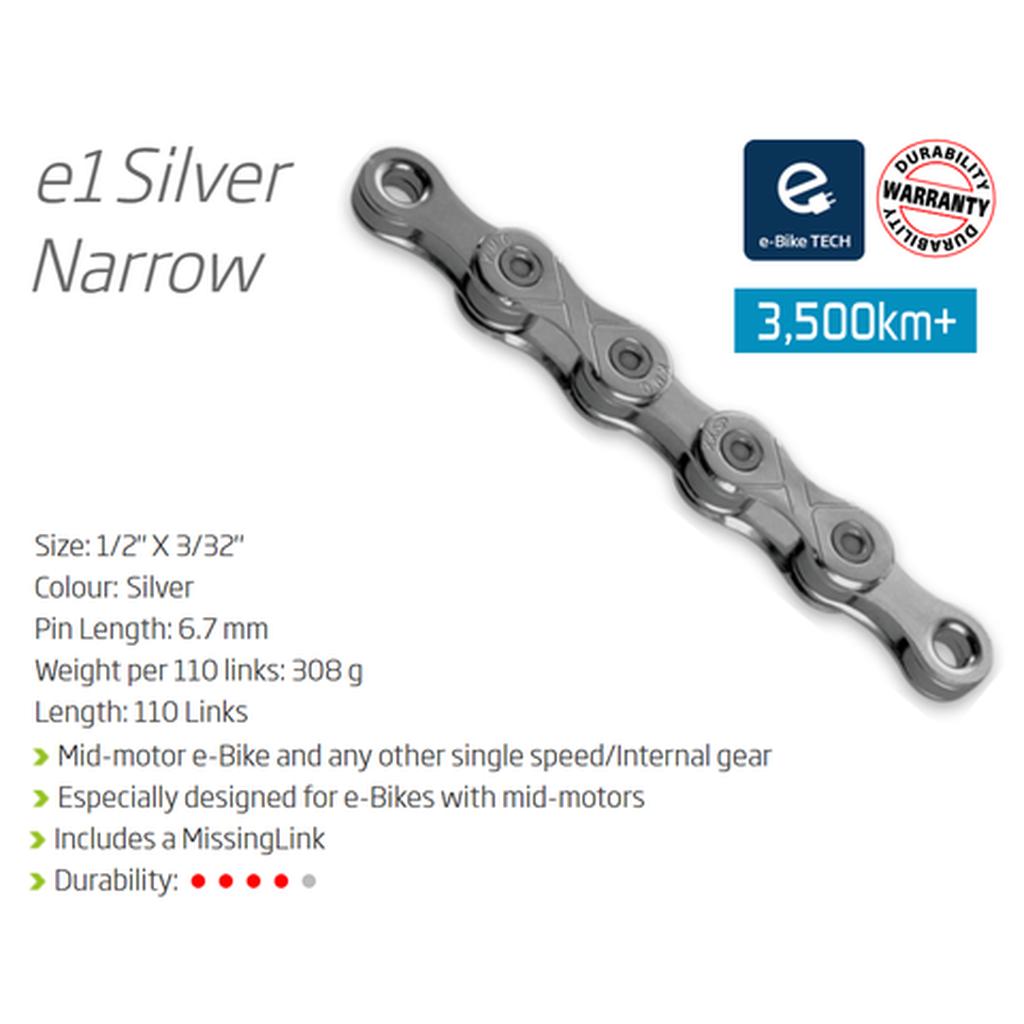 The KMC E1 Chain (3/32 Inch) is a silver single speed e-bike chain with 110 links, designed for mid-motor e-bikes. It includes a MissingLink and delivers durability for over 3,500 km.