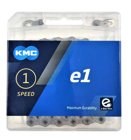The KMC E1 Chain (3/32 Inch) comes in retail packaging, is designed for 1-speed bikes, and features e-bike technology for maximum durability.