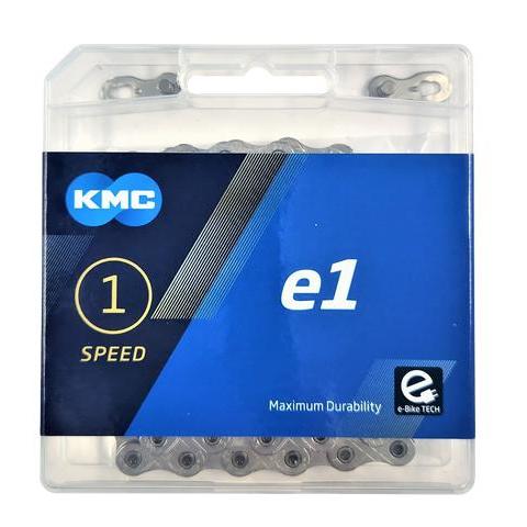 The KMC E1 Chain (3/32 Inch) comes in retail packaging, is designed for 1-speed bikes, and features e-bike technology for maximum durability.