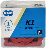 A package of KMC K1 Chain (Wide) / 112L, renowned for unsurpassed strength, ideal for single-speed bike chain replacement.