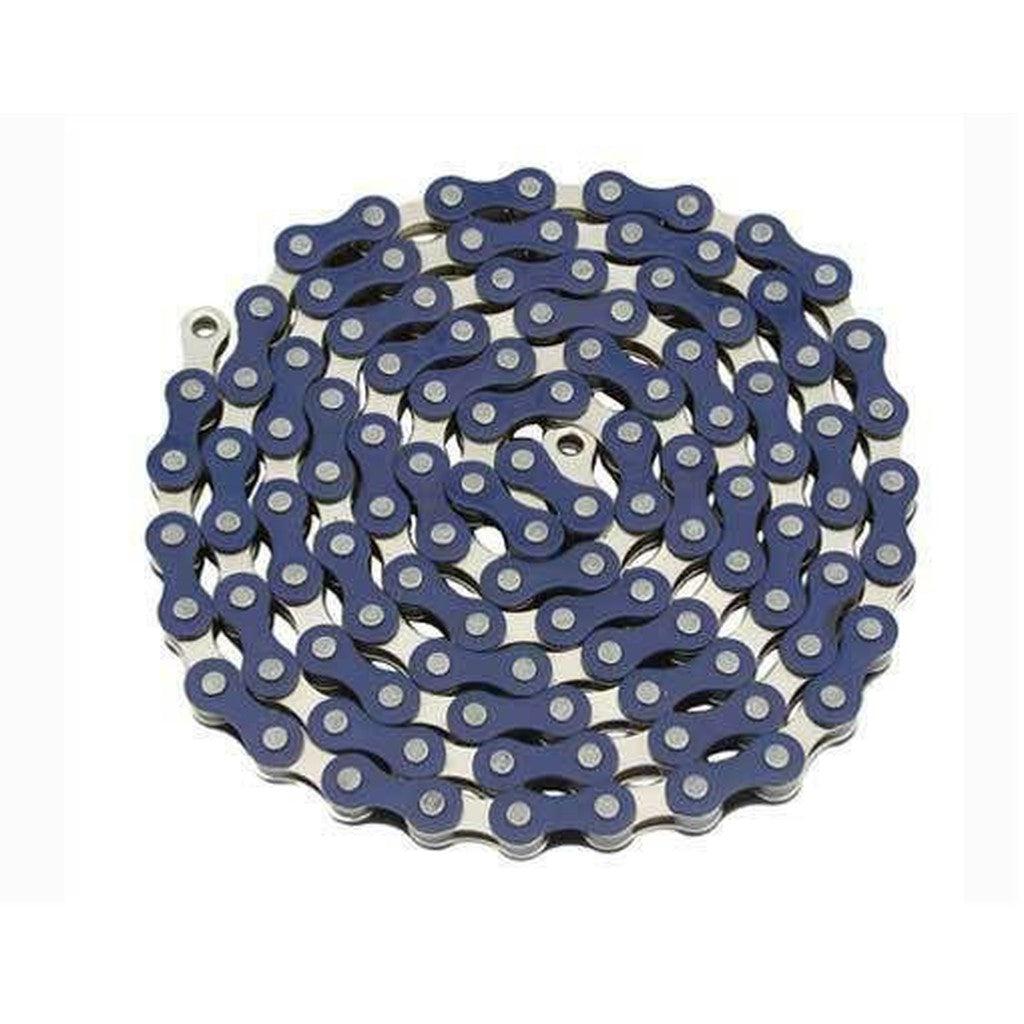 Close-up image of a coiled YBN Freestyle chain 1/2-1/8 featuring distinctive blue links and colored outer plates.