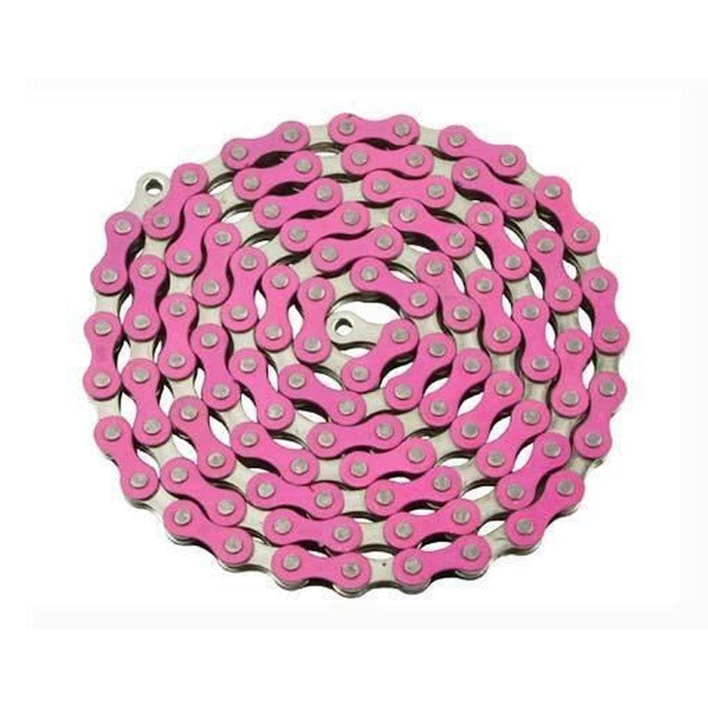 The YBN Freestyle chain 1/2-1/8, featuring a striking pink and silver design, spirals gracefully on an immaculate white backdrop.