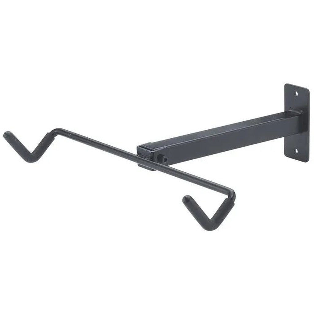 The Wall Mount Horizontal Bike Display is a black metal bracket with two hooks, perfect for BMX enthusiasts looking to showcase their ride. This wall-mounted display features a rectangular metal base with two screw holes for secure attachment, making it ideal for supporting and displaying bicycles in style.