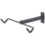 The Wall Mount Horizontal Bike Display is a black metal bracket with two hooks, perfect for BMX enthusiasts looking to showcase their ride. This wall-mounted display features a rectangular metal base with two screw holes for secure attachment, making it ideal for supporting and displaying bicycles in style.