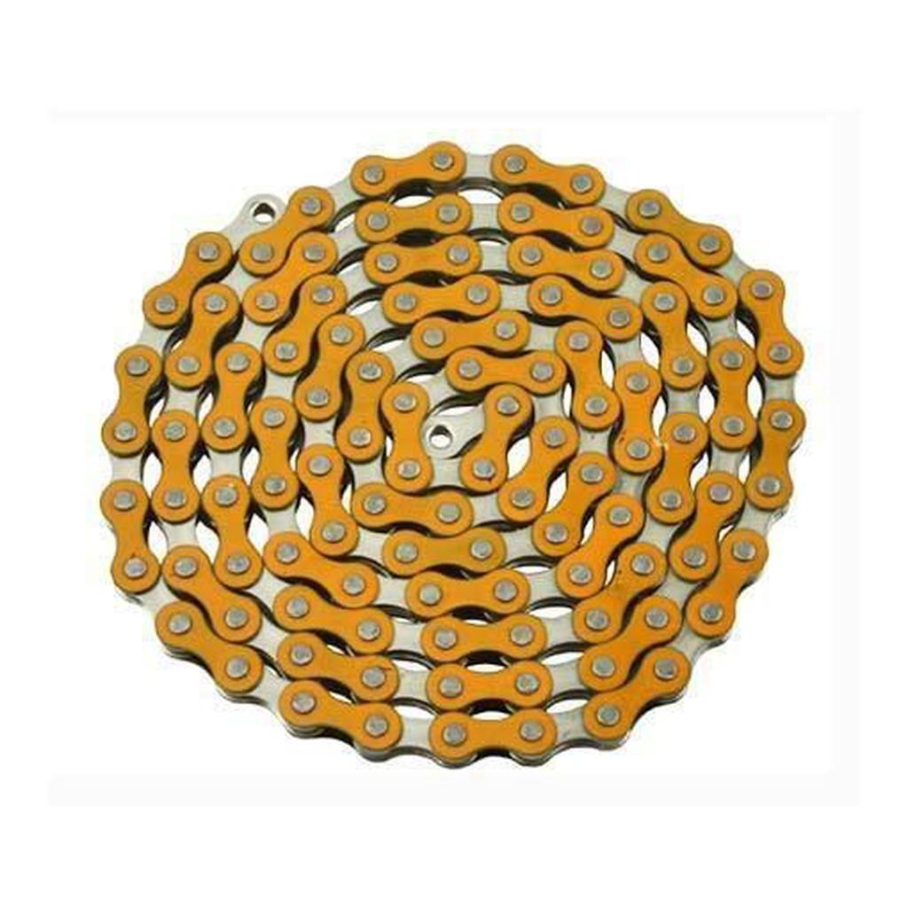 The YBN Freestyle chain 1/2-1/8, featuring a coiled design in orange and silver with nickel inner plates, is displayed from above, showcasing the distinct craftsmanship of YBN Chains.