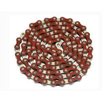 The YBN S-410 Full Link Chain features red outer plates and silver inner links, and is displayed coiled in a spiral on a white background.