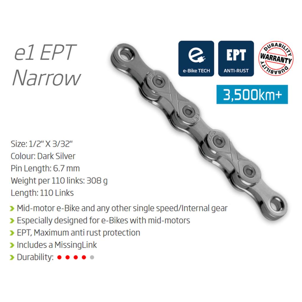 KMC E1 EPT Chain (3/32 Inch) features anti-rust coating, fits mid-motor e-bikes, weighs 388g, silver color, single-speed compatible, and comes with a warranty badge.