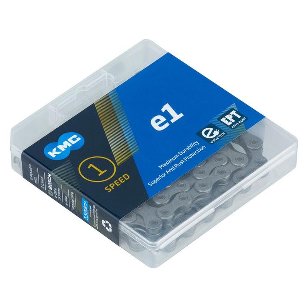 The KMC E1 EPT Chain (3/32 Inch) comes in a clear plastic box with a blue and black label featuring product details and the brand logo—perfect for single-speed ebike use, offering reliable performance.