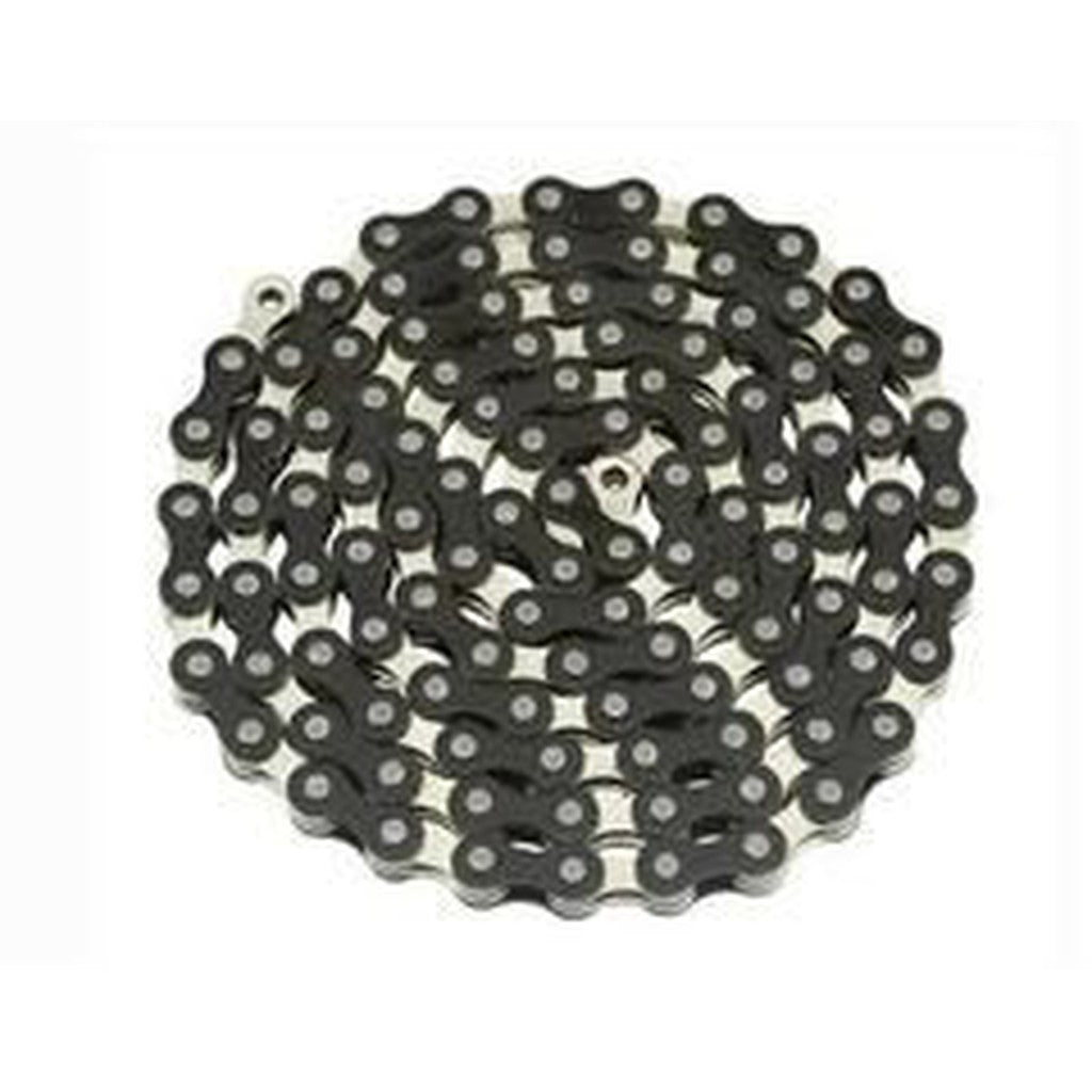 A YBN Freestyle chain 1/2-1/8, featuring colored outer plates, is coiled on a white background, highlighting the precision and craftsmanship of YBN Chains.