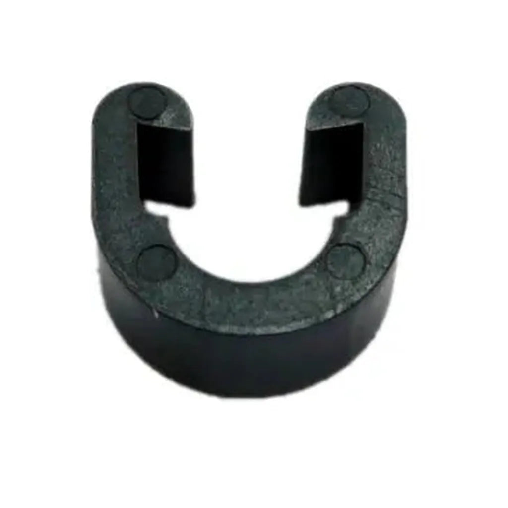 A bottle of 25 black plastic Brake Line Housing C-Clips, U-shaped with a partially open side and built-in cable clips, shown from above against a white background.